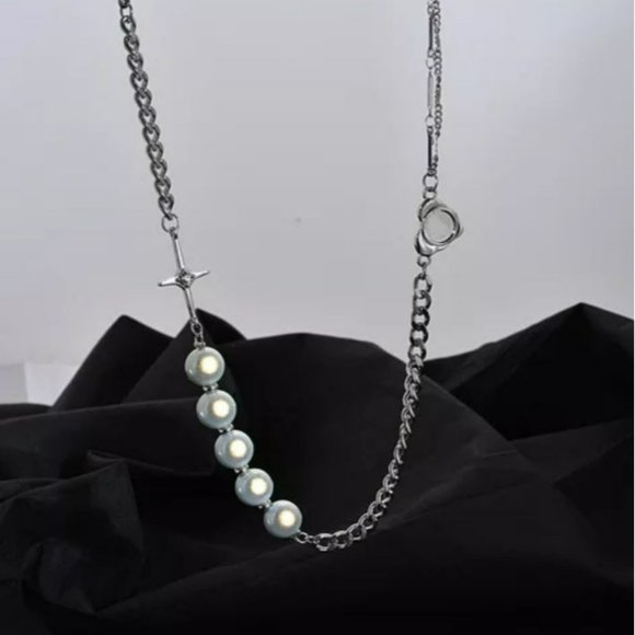 Reflect Light Faux Pearl Cross Stainless Steel Chain Necklace 18.5in - Picture 3 of 16